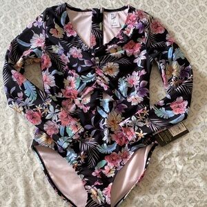 art class Floral Long Sleeve Kids Swim Bikini - Black and Pink